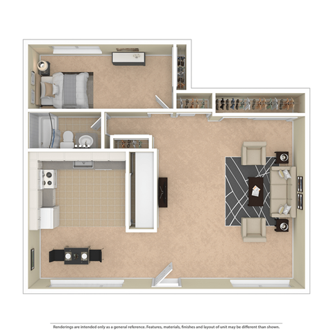 Floor plan for 1 bed, 1 bath, 595 sqft